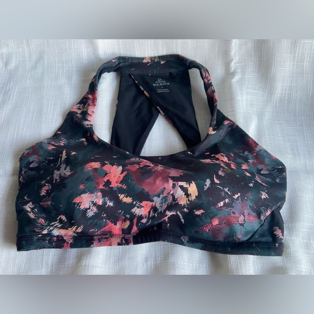 Prana Women’s Happy Yogi Sports Bra Batik Black Pink Yoga Everyday Sz L Wireless